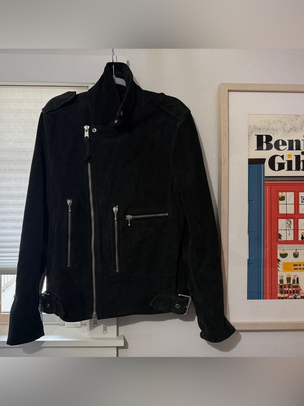 AllSaints Men's Black Suede Biker Jacket - Classic Asymmetric Zip, Large (L)